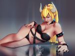  1girl blonde_hair bowser bowsette bracelet breasts choker fang genderswap hen_tie_studio horns jewelry lying super_mario_bros. new_super_mario_bros._u_deluxe nintendo self_upload smile solo spiked_bracelet spikes super_crown super_mario_bros. thighs 