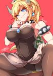  1girl bare_shoulders black_legwear black_leotard black_nails blonde_hair blue_earrings bowsette bracelet breasts brooch character_name cleavage collar commentary_request eyebrows_visible_through_hair fang_out fingernails hair_between_eyes hand_on_own_thigh hand_to_own_mouth head_tilt horns jewelry leotard long_ponytail looking_at_viewer super_mario_bros. muscle muscular_female nail_polish new_super_mario_bros._u_deluxe nintendo pantyhose pink_background sapphire_(stone) sayossa_(pak-front) sharp_fingernails shiny shiny_clothes shiny_hair short_hair sidelocks signature simple_background smile solo spiked_bracelet spiked_collar spiked_shell spikes squatting strapless strapless_leotard super_crown tail taut_leotard waist_cape 