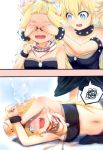  2girls absurdres bandeau bangs bangs_pinned_back bare_shoulders bib black_dress black_nails black_skirt blonde_hair blue_eyes blush bowsette bowsette_jr. bracelet breasts brooch collar collarbone comic commentary_request covering_another&#039;s_eyes crown dress earrings fangs full-face_blush hair_between_eyes highres horns icarus_(2010741) jewelry long_hair super_mario_bros. medium_breasts mother_and_daughter multiple_girls nail_polish navel new_super_mario_bros._u_deluxe nintendo open_mouth pointy_ears sharp_teeth skirt spiked_armlet spiked_bracelet spiked_collar spikes spoken_squiggle squiggle steam stomach strapless strapless_dress super_crown super_mario_bros. sweat teeth tilted_headwear trembling wavy_mouth 