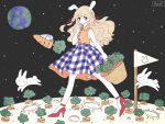  1girl absurdres animal animal_ears artist_name bag bangs blunt_bangs braid bunny_girl carrot collared_shirt crater earth eyebrows_visible_through_hair eyes_visible_through_hair flag food hand_up high_heels highres light_brown_hair long_hair looking_back moon moon_rabbit night night_sky noeru_(noellemonade) orange_eyes orange_shirt original pale_skin parted_lips plaid plaid_skirt rabbit rabbit_ears red_footwear shirt signature skirt sky sleeveless solo space_craft star_(sky) starry_sky twin_braids vegetable 