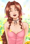  1girl aerith_gainsborough bow braid breasts brown_hair commentary_request dress final_fantasy final_fantasy_vii graphite_(medium) hair_ribbon long_hair lowres pink_bow pink_dress ribbon smile solo traditional_media 