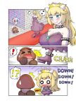  1girl blonde_hair blush bowsette bracelet breasts collar comic crown dress gameplay_mechanics goomba guest_(guest_of_guest) highres jewelry large_breasts long_hair super_mario_bros. musical_note new_super_mario_bros._u_deluxe nintendo o_o open_mouth sharp_teeth shrinking smile spiked_armlet spiked_bracelet spiked_collar spiked_shell spikes strapless strapless_dress super_crown super_mario_bros. tears teeth 