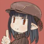  1girl :p bangs black_hair blunt_bangs brown_hat brown_sweater commentary_request ebimomo eyebrows_visible_through_hair hand_up hat horns index_finger_raised long_hair lowres original portrait red_background red_eyes ribbed_sweater simple_background smile solo sweater tongue tongue_out 