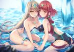  2girls ass bangs bare_legs bare_shoulders black_swimsuit blonde_hair blush breast_press breasts butt_crack cleavage covered_navel earrings eyebrows_visible_through_hair headpiece mythra_(xenoblade) hinot pyra_(xenoblade) interlocked_fingers jewelry large_breasts leaning_forward long_hair looking_at_viewer multiple_girls nintendo one-piece_swimsuit open_mouth red_eyes redhead short_hair sidelocks simple_background smile swept_bangs swimsuit thigh_strap thighs tiara water xenoblade_(series) xenoblade_2 yellow_eyes 