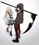  1boy 1girl absurdres bandage black_hair blonde_hair blue_eyes boots choker hair_between_eyes hand_in_pocket highres hood isaac_foster long_hair rachel_gardner satsuriku_no_tenshi scythe shirt shorts simple_background striped striped_shirt vient 