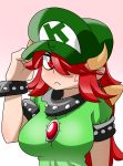  1girl absurdres bracelet breasts collar eyes_visible_through_hair gen gradient gradient_background hair_over_one_eye hat highres jewelry koopa_peach large_breasts long_hair super_mario_bros. nintendo possessed princess_peach prototype red_eyes redhead simple_background solo spiked_bracelet spiked_collar spikes super_mario_odyssey sweatdrop 