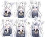  /\/\/\ 1girl :d ahoge animal_ear_fluff animal_ears bangs black_jacket black_sailor_collar blush closed_eyes closed_mouth collarbone crossed_arms crying expressions eyebrows_visible_through_hair facing_viewer flower_knot fox_ears fox_girl giving_up_the_ghost grey_eyes hair_between_eyes hands_up highres jacket long_hair long_sleeves multiple_views neckerchief nose_blush open_mouth original parted_lips sailor_collar school_uniform serafuku silver_hair simple_background sleeves_past_wrists smile surprised tandohark tears upper_body wavy_mouth white_background yellow_neckwear 