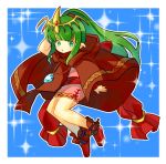  1girl arm_behind_head blue_background chiki cloak dress fire_emblem fire_emblem:_mystery_of_the_emblem fire_emblem_heroes full_body green_eyes green_hair hood hood_down iwana_toshiki long_hair mamkute nintendo pink_dress pointy_ears ponytail short_dress simple_background solo stone tiara 