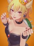 1girl :d bangs bare_shoulders blonde_hair blush bowsette bracelet breasts claw_pose cleavage collar collarbone covered_navel crown dress earrings eyebrows fangs from_side gradient gradient_background hair_between_eyes highres horns jewelry looking_at_viewer looking_up super_mario_bros. medium_breasts medium_hair mini_crown monotiina nail_polish new_super_mario_bros._u_deluxe nintendo open_mouth orange_background pointy_ears red_eyes red_nails simple_background smile solo spiked_collar spiked_shell spikes strapless strapless_dress super_crown thick_eyebrows turtle_shell 