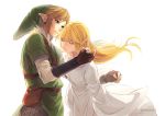  1boy 1girl bangs belt blonde_hair blue_eyes brown_gloves catching closed_eyes closed_mouth commentary_request dress earrings eorinamo falling fingerless_gloves gloves green_cloak hair_between_eyes jewelry link long_hair looking_at_another nintendo parted_lips pointy_ears pouch princess_zelda strap the_legend_of_zelda white_dress wide_sleeves 