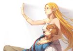  1boy 1girl artist_name bare_shoulders blonde_hair blue_tunic bracelet bracer breasts closed_eyes closed_mouth dress eorinamo green_eyes hand_up jewelry large_breasts link long_hair lying lying_on_person necklace nintendo on_back pants pointy_ears princess_zelda sleeveless sleeveless_dress strap strapless strapless_dress the_legend_of_zelda tunic unconscious very_long_hair white_dress 