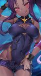  1girl bare_shoulders blush breasts character_request cleavage_cutout copyright_request covered_navel dark_skin highleg highleg_leotard highres large_breasts leotard licking_lips long_hair navel purple_hair red_eyes shorts sidelocks tem10 tongue tongue_out 