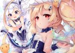  2girls ahoge alternate_costume apron azur_lane bangs bare_shoulders belchan_(azur_lane) belfast_(azur_lane) bird blush bow bowtie breasts chick commentary_request cup dress eldridge_(azur_lane) embarrassed enmaided eyebrows_visible_through_hair gloves hair_ornament hairclip holding huge_ahoge kedama_milk long_hair looking_at_viewer maid maid_apron maid_headdress multiple_girls one_side_up open_mouth parted_lips purple_dress purple_neckwear red_eyes silver_hair small_breasts sparks sweatdrop teacup teapot tray twintails very_long_hair violet_eyes white_apron white_gloves 
