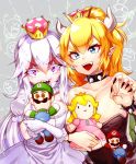  2girls bangs bare_shoulders black_nails blonde_hair blue_earrings boo bowser_jr. bowsette bracelet breast_press breasts brooch cabbie_hat character_doll choker cleavage collar collarbone colored_eyelashes commentary_request crown doll doll_hug dress elbow_gloves eyebrows_visible_through_hair facial_hair fangs fingernails frilled_dress frilled_gloves frills gloves gradient_clothes gradient_gloves gradient_hair green_shirt grey_background hair_between_eyes hat highres holding holding_doll horns jewelry king_boo large_breasts lavender_dress lavender_gloves lavender_hair light_blue_eyes long_hair long_ponytail long_sleeves looking_at_viewer luigi mario super_mario_bros. maronie. multicolored_hair multiple_girls mustache nail_polish new_super_mario_bros._u_deluxe nintendo open_mouth overalls patterned_background pink_dress princess_king_boo princess_peach puffy_short_sleeves puffy_sleeves purple_pupils purple_tongue red_pupils red_shirt reflective_eyes shapes sharp_fingernails sharp_teeth shiny shiny_hair shiny_skin shirt short_eyebrows short_sleeves sidelocks spiked_bracelet spiked_collar spikes super_crown tareme teeth thick_eyebrows triangle tsurime very_long_hair violet_eyes white_choker white_dress white_gloves white_hair 