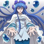  1girl bangs blue_hair breasts bubble cape cowboy_shot eyebrows_visible_through_hair gradient gradient_background hair_between_eyes houshin_engi long_hair medium_breasts onomekaman open_mouth open_palms outstretched_arms outstretched_hand ryuukitsu_koushu simple_background solo violet_eyes water 