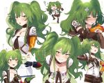  1girl asymmetrical_gloves bangs black_gloves blush boots breasts bullet choker closed_mouth collarbone commander_(girls_frontline) damaged elbow_gloves eyebrows_visible_through_hair flying_sweatdrops gift girls_frontline gloves green_hair hair_between_eyes hand_up highres leaning_forward leg_hug long_hair looking_at_viewer m950a_(girls_frontline) medium_breasts messy_hair multiple_views open_mouth parted_lips shirt sidelocks simple_background sitting skirt smile torn_clothes twintails two_side_up white_background yellow_eyes yomosaka 