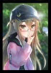  1girl bangs baseball_cap black_hat black_skirt blurry blurry_background brown_eyes brown_hair closed_mouth commentary_request crescent crescent_moon_pin day depth_of_field eyebrows_visible_through_hair hair_between_eyes hamalu hand_up hat hat_pin highres hood hood_down hooded_jacket jacket kantai_collection long_hair long_sleeves looking_at_viewer mochizuki_(kantai_collection) open_clothes open_jacket outdoors pink_jacket puffy_long_sleeves puffy_sleeves red-framed_eyewear semi-rimless_eyewear skirt solo under-rim_eyewear very_long_hair 