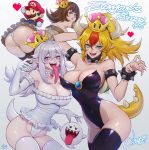  1boy 3girls artist_name ass black_legwear black_leotard blonde_hair blue_eyes boo bowsette bracelet breasts brown_eyes brown_hair chibi choker citemer claws cleavage commentary covered_navel crown elbow_gloves english facial_hair fingernails frilled_leotard frills gloves goomba hat heart highleg highleg_leotard highres horns jewelry large_breasts leotard light_blush long_tongue looking_at_viewer mario super_mario_bros. mini_crown multicolored_hair multiple_girls mustache new_super_mario_bros._u_deluxe nintendo open_mouth overalls pale_skin panties ponytail princess_king_boo red_hat redhead sharp_fingernails sharp_teeth silver_hair simple_background spiked_armlet spiked_bracelet spiked_choker spiked_shell spiked_tail spikes super_crown super_mario_bros. tail teeth tongue tongue_out turtle_shell two-tone_hair underwear violet_eyes wavy_hair white_background white_gloves white_leotard 
