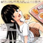  1girl black_hair blue_eyes bread brown_shorts colored_pencil_(medium) commentary_request controller curry curry_bread dated food hatsuyuki_(kantai_collection) hime_cut holding holding_food kantai_collection kirisawa_juuzou long_hair numbered open_mouth remote_control round_teeth shirt short_sleeves shorts solo teeth traditional_media translation_request twitter_username white_shirt 