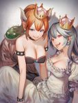 2girls all_fours bangs blonde_hair blue_eyes blush bowsette bracelet breasts cleavage collar collarbone commentary_request crown dress earrings fangs horns jewelry large_breasts long_hair looking_at_viewer luigi&#039;s_mansion super_mario_bros. multiple_girls new_super_mario_bros._u_deluxe nintendo open_mouth ponytail princess_king_boo red_eyes shi_niao sitting smile spiked_armlet spiked_bracelet spiked_collar spikes super_crown teeth tongue tongue_out white_dress white_hair 