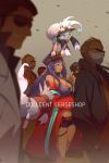  1girl 5boys animal_ear_fluff animal_ears bare_shoulders breasts cis05 cleavage commentary_request dark_skin ears_through_headwear eyeliner fate/grand_order fate_(series) green_eyes hat jacket large_breasts long_hair makeup miniskirt multiple_boys off_shoulder open_mouth purple_hair queen_of_sheba_(fate/grand_order) skirt smile sunglasses yakuza 