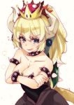  1girl bare_shoulders blonde_hair blue_eyes blush bowsette bracelet breasts cleavage collar collarbone crossed_arms crown eyebrows eyebrows_visible_through_hair highres horns jewelry large_breasts looking_at_viewer super_mario_bros. new_super_mario_bros._u_deluxe nintendo open_mouth ponytail sharp_teeth short_hair sketch solo spiked_armlet spiked_bracelet spiked_collar spikes super_crown tail teeth yunekoko 