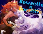  2girls :d bare_shoulders black_dress blue_eyes bowsette character_name dark_skin dress earrings fang frilled_dress frills from_side glint hand_on_another&#039;s_hip head_in_chest jewelry long_hair looking_at_viewer super_mario_bros. mncpa multiple_girls nail_polish new_super_mario_bros._u_deluxe nintendo open_mouth ponytail princess_king_boo puffy_short_sleeves puffy_sleeves redhead short_sleeves smile sparkle spiked_shell strapless strapless_dress super_crown very_long_hair violet_eyes white_dress white_hair yuri 
