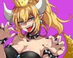  1girl bangs bare_shoulders black_dress black_nails blue_earrings bowsette bracelet breasts brooch claw_pose cleavage collar collarbone commentary_request dress eyebrows_visible_through_hair fingernails hair_between_eyes head_tilt horns jewelry kicori light_blue_eyes long_ponytail looking_at_viewer super_mario_bros. medium_breasts muscle nail_polish new_super_mario_bros._u_deluxe nintendo open_mouth pointy_ears purple_background sharp_fingernails sharp_teeth shiny shiny_hair sidelocks simple_background slit_pupils smile solo spiked_bracelet spiked_collar spikes strapless strapless_dress super_crown teeth thick_eyebrows tongue tongue_out tsurime upper_body 