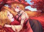  2girls aki_minoriko aki_shizuha ass autumn autumn_leaves bangs black_choker black_ribbon black_skirt blonde_hair blue_sky blush breast_rest breasts choker commentary_request day dress eye_contact eyebrows_visible_through_hair food_themed_hair_ornament grape_hair_ornament hair_between_eyes hair_ornament hand_up hat incest juliet_sleeves kneeling large_breasts leaf long_sleeves looking_at_another lying mob_cap multiple_girls nail_polish nature on_back outdoors parted_lips puffy_sleeves red_dress red_eyes red_hat red_nails ribbon roke_(taikodon) shirt short_hair siblings sisters skirt sky smile strapless strapless_dress touhou tree wide_sleeves yellow_shirt yuri 