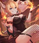  1girl aqua_eyes black black_dress blonde_hair bowsette bracelet breasts collar commentary_request covered_navel covered_nipples dolce_(dolsuke) dress earrings fingernails fire fireball fishnet_legwear fishnets flowing_hair horns jewelry large_breasts long_fingernails long_ponytail looking_at_viewer super_mario_bros. nail_polish new_super_mario_bros._u_deluxe nintendo pointy_ears pyrokinesis sharp_teeth sleeveless sleeveless_dress smile solo spiked_armlet spiked_bracelet spiked_collar spiked_shell spikes strapless strapless_dress super_crown teeth thigh-highs 