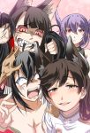  4girls ahoge akagi_(azur_lane) angry animal_ears atago_(azur_lane) azur_lane bangs bare_shoulders black_hair blush breasts brown_eyes cleavage closed_mouth collarbone commentary_request eating_hair expressionless extra_ears eyebrows_visible_through_hair fangs flower hair_between_eyes hair_flower hair_ornament hair_pull hair_ribbon half-closed_eyes hand_up jacket japanese_clothes jun&#039;you_(azur_lane) kimono long_hair looking_at_viewer mask mask_on_head military military_uniform mole mole_under_eye multiple_girls off_shoulder open_mouth ponytail purple_hair red_eyes red_kimono ribbon smile steed_(steed_enterprise) sweat sweatdrop swept_bangs taihou_(azur_lane) tearing_up twintails uniform veins very_long_hair white_ribbon 