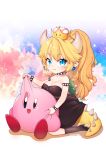  1girl 1other =d absurdres artist_name black_footwear black_legwear blue_eyes blush bowsette bracelet breasts chibi cleavage collar commentary_request dress earrings full_body grabbing high_heels highres horns hoshi_no_kirby jewelry kirby kirby_(series) kneehighs long_ponytail looking_at_viewer super_mario_bros. new_super_mario_bros._u_deluxe nintendo pointy_ears pulling red_footwear sleeveless sleeveless_dress spiked_armlet spiked_bracelet spiked_collar spiked_tail spikes strapless strapless_dress super_crown tearing_up ukon60 