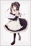  1girl 2018 apron azur_lane bangs black_dress black_footwear black_legwear blue_bow blue_eyes bow breasts brown_hair captain_yue cleavage closed_mouth commentary_request detached_sleeves dress eyebrows_visible_through_hair frilled_apron frilled_dress frills hair_bow hairband highres holding holding_plate juliet_sleeves long_hair long_sleeves medium_breasts newcastle_(azur_lane) pantyhose plate puffy_sleeves purple_hairband smile solo twitter_username two_side_up very_long_hair white_apron 