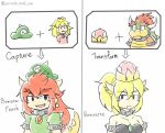  + 1boy 3girls black_dress blonde_hair bowser bowsette bracelet character_name collar comparison crown dress drizzle_and_sun english eyebrows_visible_through_hair fangs genderswap genderswap_(mtf) green_dress hat horns jewelry koopa_peach long_hair super_mario_bros. misspelled multiple_girls new_super_mario_bros._u_deluxe nintendo ponytail possessed pout princess_peach prototype redhead simple_background smile spiked_bracelet spiked_collar spikes super_crown super_mario_odyssey thick_eyebrows transformation white_background 