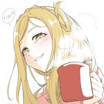  1girl blonde_hair blush coffee_mug cup english from_below green_eyes heart highres komiyama_(user_ycnc3474) looking_at_viewer love_live! love_live!_school_idol_project love_live!_sunshine!! mug my_mai_tonight ohara_mari sketch smile solo steam white_background 