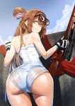  1girl alternate_costume ass back bangs bare_arms bare_shoulders black-framed_eyewear blush bolt_action breasts brown_hair clouds curvy eyebrows_visible_through_hair eyewear_on_head from_behind girls_frontline glasses glasses_on_head gloves green_eyes gun hair_between_eyes hair_ribbon hair_rings highres hips holding holding_gun holding_weapon huge_ass ihobus large_breasts long_hair looking_at_viewer looking_back m1903_springfield m1903_springfield_(girls_frontline) one-piece_swimsuit outdoors ribbon rifle shoulder_blades sidelocks sky smile solo swimsuit thick_thighs thighs tied_hair twintails weapon white_swimsuit wide_hips 