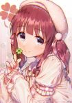  1girl beret blush bow bowtie brooch brown_eyes brown_hair clover commentary eyebrows_visible_through_hair four-leaf_clover hair_ribbon hat idolmaster idolmaster_cinderella_girls idolmaster_cinderella_girls_starlight_stage jewelry long_hair long_sleeves looking_at_viewer ogata_chieri orange_uni pom_pom_(clothes) ribbon short_over_long_sleeves short_sleeves signature sleeves_past_wrists smile solo sparkle twintails upper_body 
