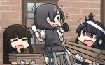  3girls black_hair brown_hair closed_eyes commentary dated eyebrows_visible_through_hair flying_sweatdrops gloves green_sailor_collar grey_skirt grey_vest hair_ornament hairclip hammer hamu_koutarou hatsuyuki_(kantai_collection) highres hime_cut holding holding_hammer kantai_collection kuroshio_(kantai_collection) long_hair motion_lines multiple_girls open_mouth pleated_skirt red_eyes sailor_collar shaded_face shirt short_hair short_sleeves skirt tears vest white_gloves white_shirt yamashiro_(kantai_collection) yawning yellow_eyes 