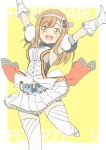  1girl :d absurdres arm_strap armpits arms_up bangs black_bow bow bowtie breasts brown_hair bunji character_name gloves hairband highres kamen_rider kamen_rider_fourze kamen_rider_fourze_(series) kunikida_hanamaru leg_up long_hair looking_at_viewer love_live! love_live!_sunshine!! medium_breasts miniskirt open_mouth pleated_skirt rider-tan sideboob skirt smile solo standing standing_on_one_leg swept_bangs thigh-highs white_gloves white_hairband white_legwear white_skirt yellow_eyes zettai_ryouiki 