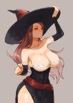  1girl armpits bare_shoulders breasts brown_eyes brown_hair cleavage collarbone commentary_request domodesu dragon&#039;s_crown eyebrows eyelashes female grey_background hand_on_headwear hat highres hips large_breasts long_hair looking_at_viewer solo sorceress_(dragon&#039;s_crown) thick_thighs thighs wide_hips witch_hat 