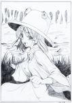  1girl :d absurdres black_border border commentary_request dated eyebrows_visible_through_hair graphite_(medium) grass greyscale hat highres long_sleeves looking_at_viewer monochrome moriya_suwako open_mouth pink_x scan skirt smile solo touhou traditional_media vest wide_sleeves 