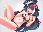  1girl alternate_costume azur_lane bangs bare_legs bare_shoulders bikini black_bikini black_hair black_hat black_nails blue_eyes blush bottle breasts cleavage deutschland_(azur_lane) eyebrows_visible_through_hair fang flower front-tie_bikini front-tie_top goggles goggles_on_headwear gradient gradient_background groin hair_flower hair_ornament hair_ribbon halter_top halterneck hand_up hat holding holding_bottle knee_up long_hair looking_at_viewer lotion mole multicolored_hair nail_polish navel open_mouth pinky_out reclining red_ribbon redhead ribbon side-tie_bikini silver_hair simple_background skindentation smile stomach streaked_hair sunscreen swimsuit tgh326 thighs very_long_hair 