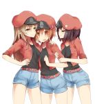  3girls aa-5100 ae-3803 arashiya belt black_shirt hat hataraku_saibou highres jacket multiple_girls nt-4201 pout red_blood_cell_(hataraku_saibou) red_jacket redhead shirt smile 