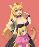  2girls :3 :d armlet black_dress black_nails blonde_hair blue_eyes bowsette bracelet breast_rest breasts breasts_on_head cleavage collar cristalavi crown dress earrings fang gem gloves hair_between_eyes hair_down hand_on_hip highres horns jewelry large_breasts long_hair looking_at_viewer super_mario_bros. multiple_girls nail_polish new_super_mario_bros._u_deluxe nintendo open_mouth pink_dress pointy_ears princess_peach puffy_short_sleeves puffy_sleeves red_background short_sleeves smile smug spiked_armlet spiked_bracelet spiked_collar spiked_shell spiked_tail spikes strapless strapless_dress super_crown tail tears turtle_shell violet_eyes white_gloves 