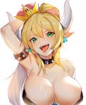  1girl arm_behind_head armlet armpits bare_shoulders blonde_hair bowsette breasts btraphen cleavage collar collarbone crown earrings eyebrows_visible_through_hair fangs green_eyes horns jewelry large_breasts long_hair looking_at_viewer super_mario_bros. new_super_mario_bros._u_deluxe nintendo open_mouth pointy_ears ponytail saliva simple_background solo spiked_armlet spiked_collar spikes super_crown tongue tongue_out upper_body white_background 