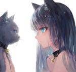 1girl animal animal_ear_fluff animal_ears artist_name bangs bare_shoulders bell black_cat black_hair blue_eyes blush cat cat_ears cat_girl closed_mouth collar eyebrows_visible_through_hair from_side highres holding holding_cat jingle_bell kisei2 long_hair original profile simple_background solo upper_body whiskers white_background 