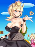  2girls absurdres blonde_hair blown_kiss blue_sky blush bowsette breasts cleavage crown danfer3 dress fingernails highres large_breasts super_mario_bros. multiple_girls new_super_mario_bros._u_deluxe nintendo o_o parted_lips princess_peach sharp_fingernails shell skirt skirt_lift sky sleeveless sleeveless_dress strapless strapless_dress super_mario_bros. sweatdrop tail 