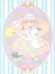  1girl absurdres air_bubble blue_footwear blush bow bubble dress fish fish_request hat heart highres jewelry long_hair necklace no_nose noeru_(noellemonade) open_mouth original pink_bow pink_eyes pink_hair puffy_short_sleeves puffy_sleeves sailor_collar sailor_dress sailor_hat shell short_sleeves solo speech_bubble star striped striped_background treasure_chest twintails 