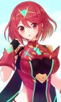  1girl bangs black_gloves breasts chest_jewel earrings fingerless_gloves gem gloves headpiece jewelry large_breasts pyra_(xenoblade) red_eyes redhead short_hair solo suta_(clusta) swept_bangs tiara xenoblade_chronicles_(series) xenoblade_chronicles_2 