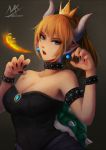  1girl armlet artist_name bare_shoulders black_collar black_dress black_nails bowsette bracelet breasts breathing_fire brown_hair cleavage collar commentary_request covered_navel crown dress earrings fangs fingernails fire glowing grey_background hands_up head_tilt highres horns jewelry long_hair looking_at_viewer super_mario_bros. medium_breasts mini_crown nail_polish new_super_mario_bros._u_deluxe nintendo open_mouth pointy_ears shimmer signature solo spiked_armlet spiked_bracelet spiked_collar spiked_shell spikes strapless strapless_dress turtle_shell 